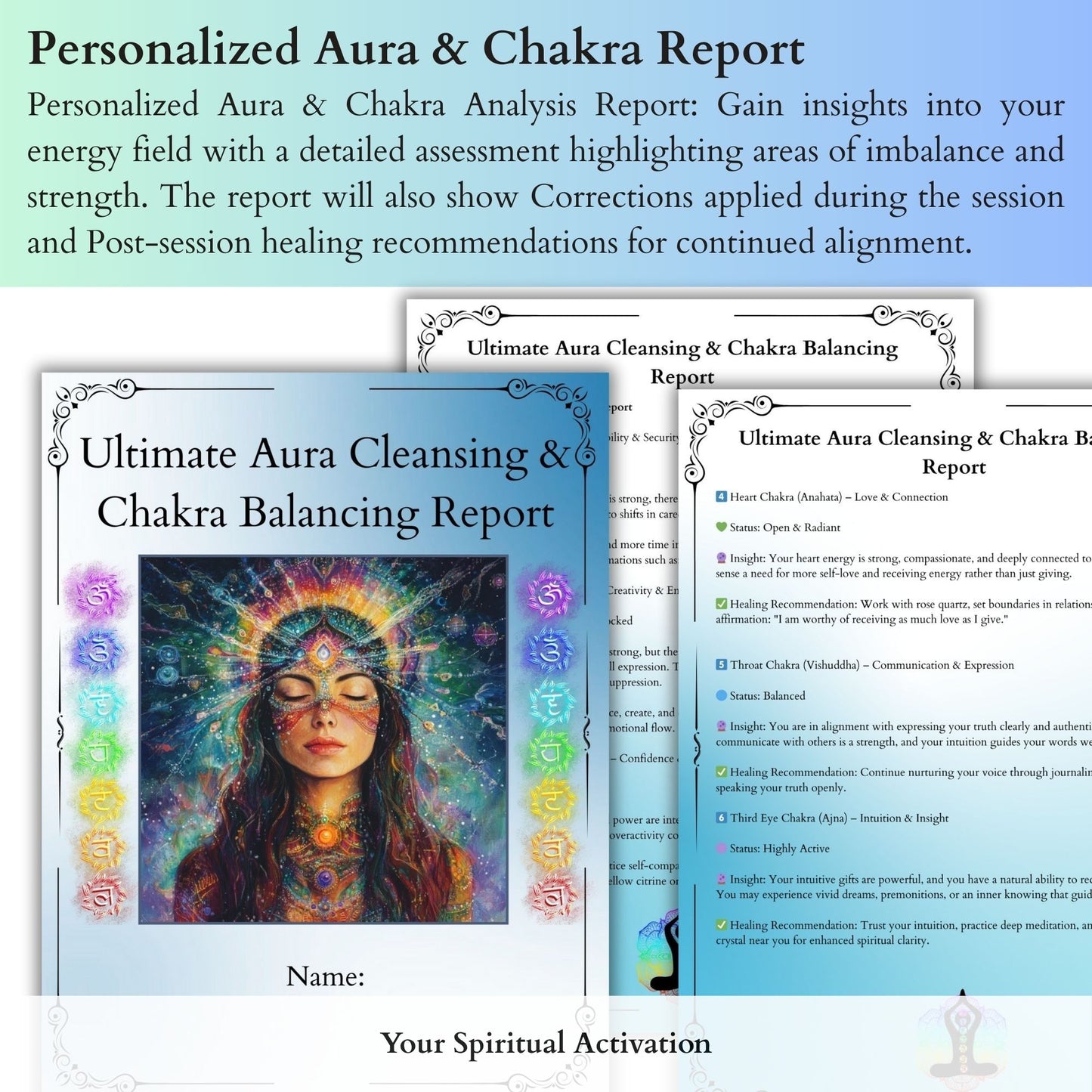 Personalized aura and chakra analysis report showing energy imbalances, applied corrections, and post-session healing guidance for energetic alignment.