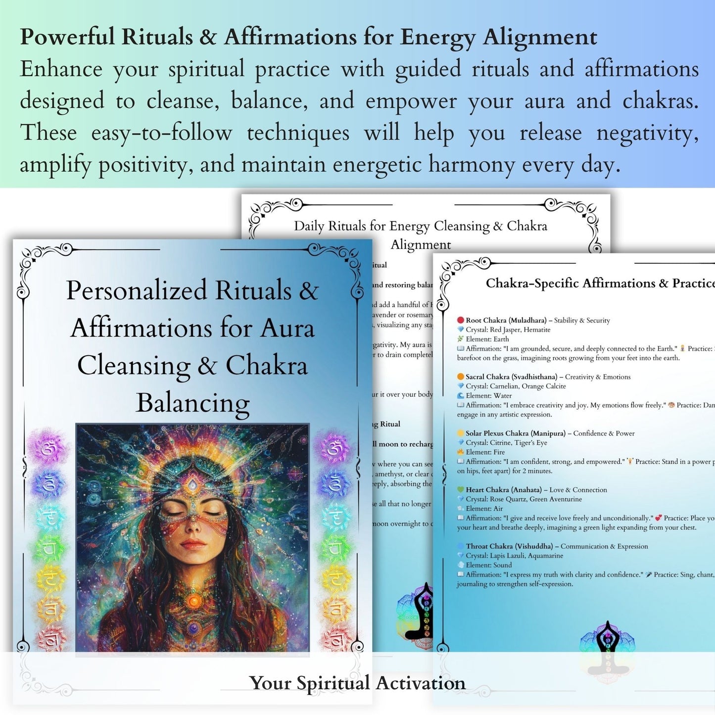 Personalized chakra balancing rituals and energy-clearing affirmations to remove negative energy, support aura cleansing, and promote spiritual alignment.