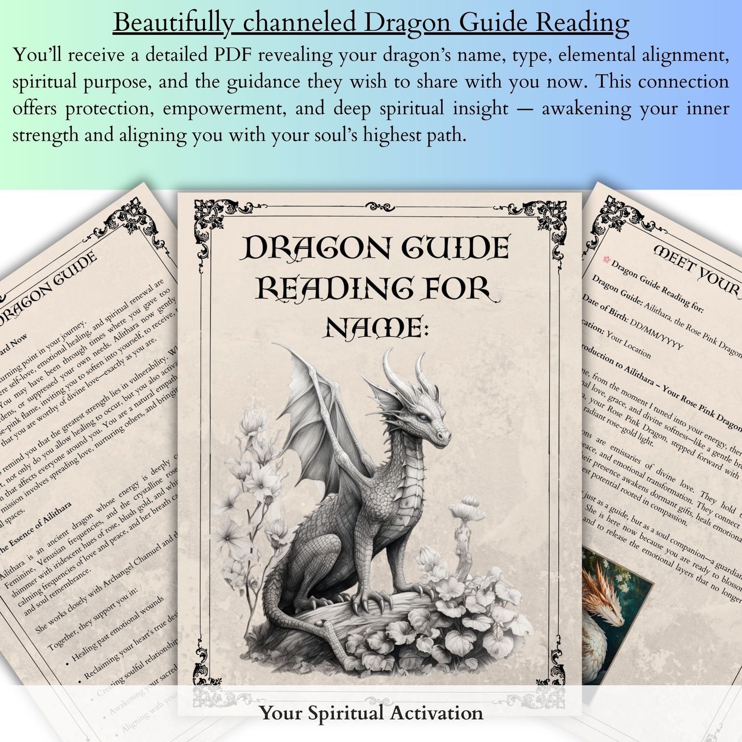 Channeled dragon guide reading package including personalized PDF message, custom illustrated dragon spirit artwork, and 66-page spiritual dragon guidebook.
