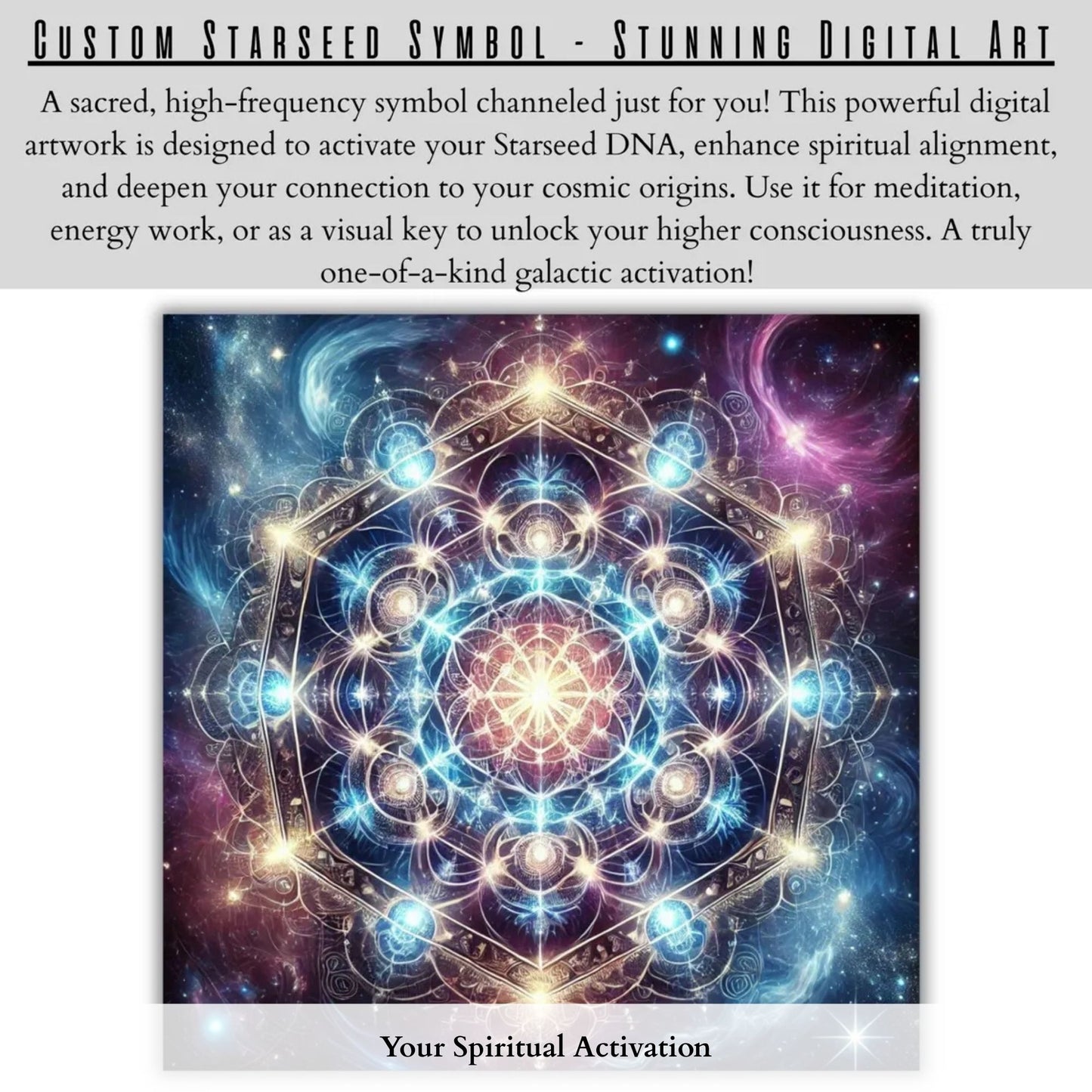 Channeled starseed message and awakening support package featuring your galactic lineage, soul mission, and personalized cosmic energy artwork.