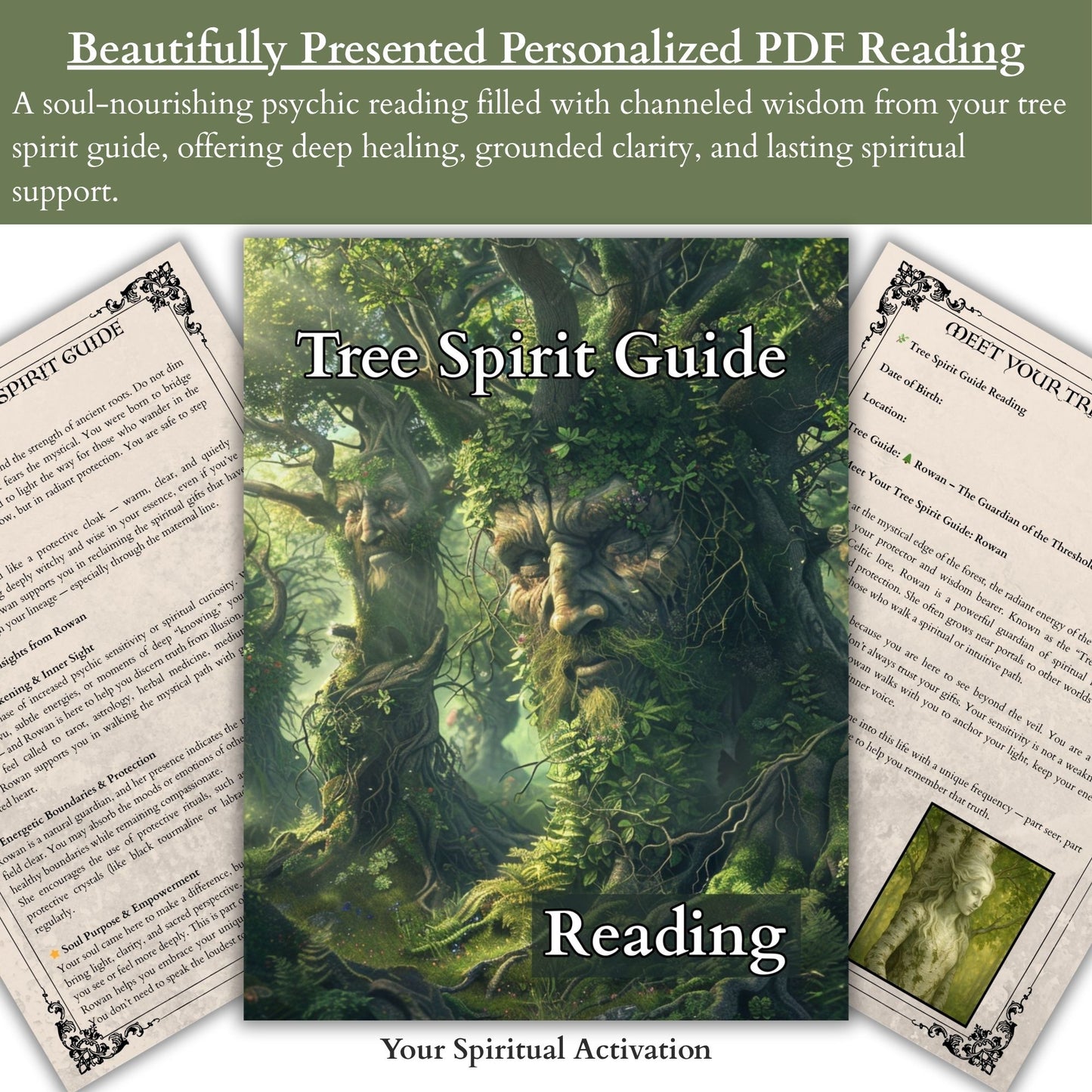 Personalized tree spirit guide reading in PDF format featuring intuitive insights, channeled guidance, and energy messages from your unique tree guide.