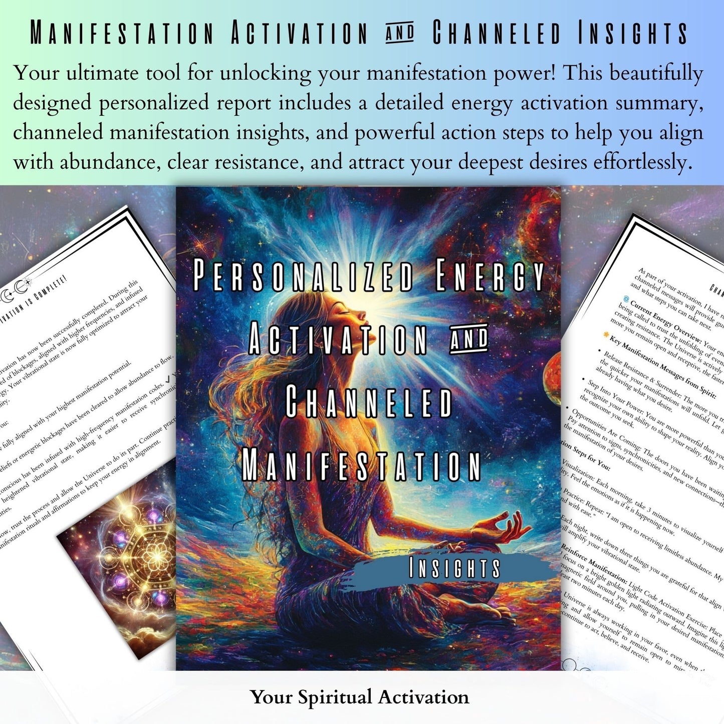 Custom energy alignment report to help you manifest faster, featuring channeled guidance, frequency clearing, and personalized manifestation attunement.
