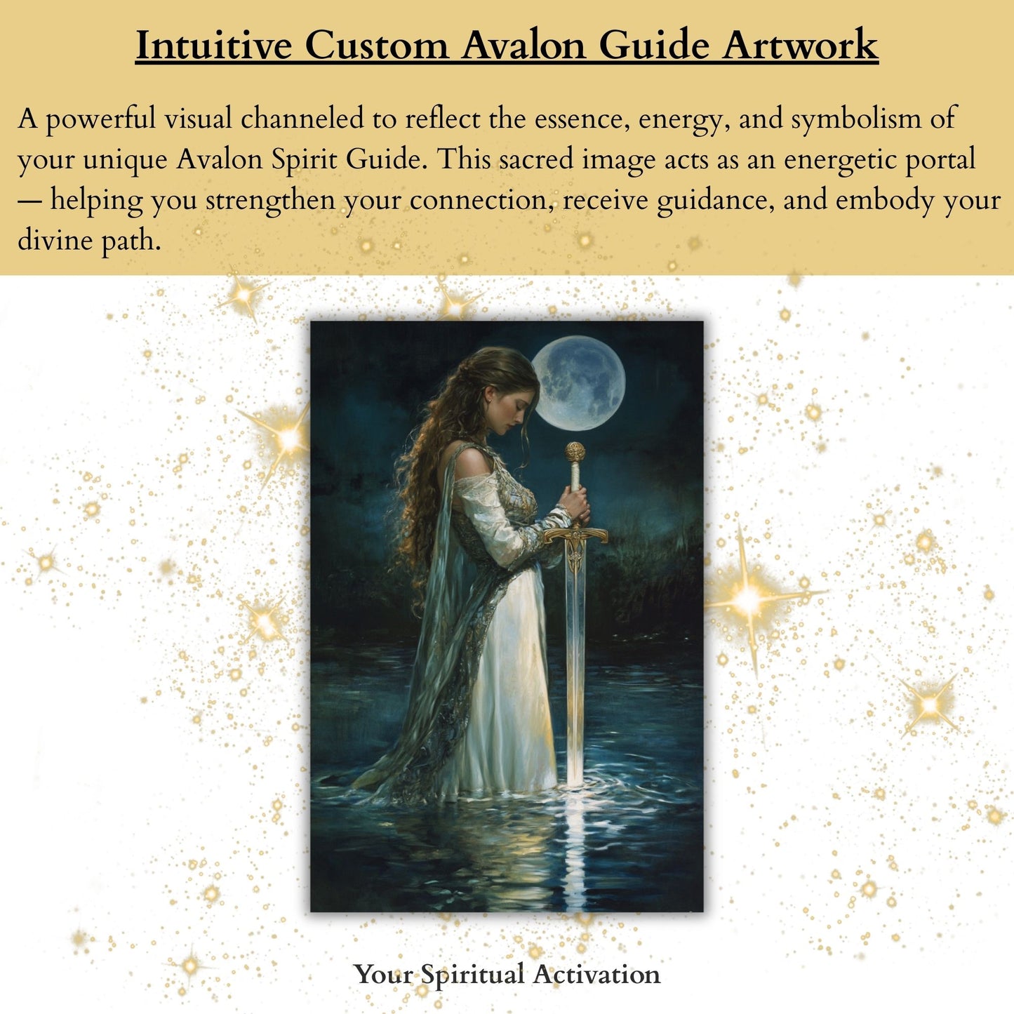 Spiritual reading connecting you with your Avalon guide, featuring custom artwork and detailed teachings on archetypes, rituals, and spiritual guidance.