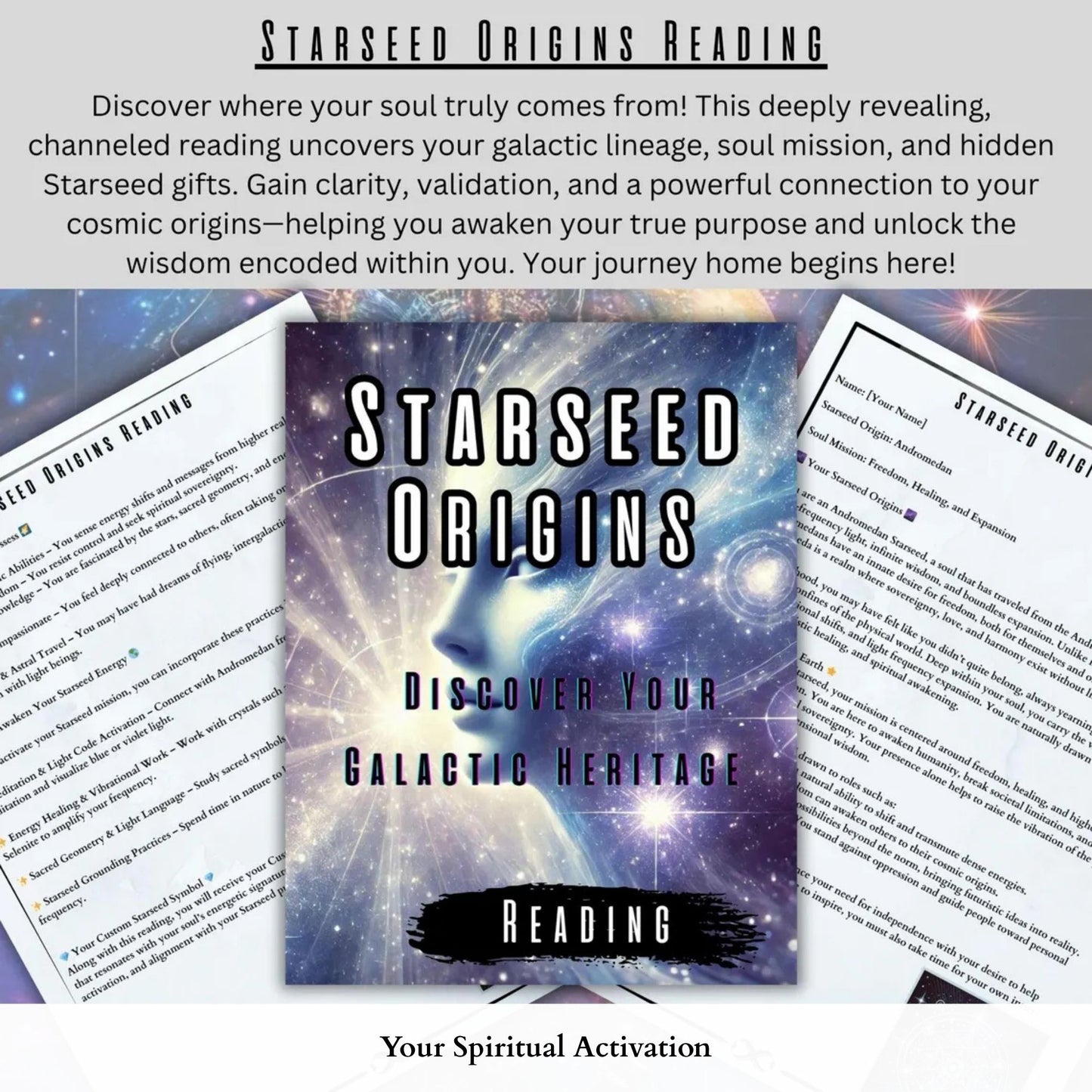 Personalized starseed psychic reading revealing galactic origins, spiritual traits, and soul mission through custom visuals and an awakening guidebook.