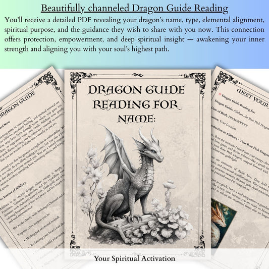 Channeled dragon guide reading package including personalized PDF message, custom illustrated dragon spirit artwork, and 66-page spiritual dragon guidebook.