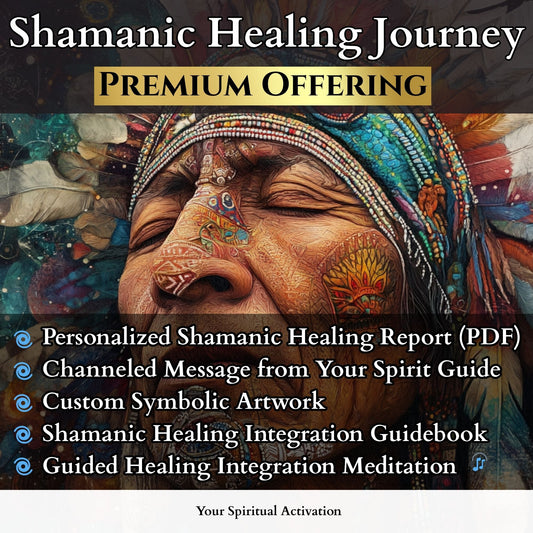 Shamanic energy healing session with soul retrieval, spirit guide message, and guided integration meditation for spiritual renewal and emotional clearing.
