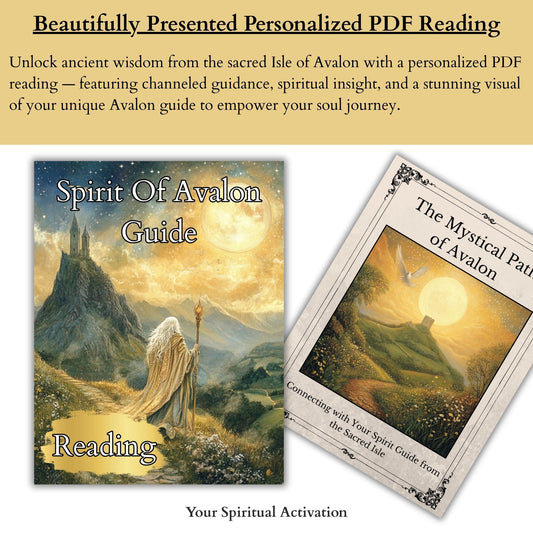 Intuitive spirit guide reading from Avalon including personalized artwork, psychic insight, and a guidebook with rituals and sacred symbolism.