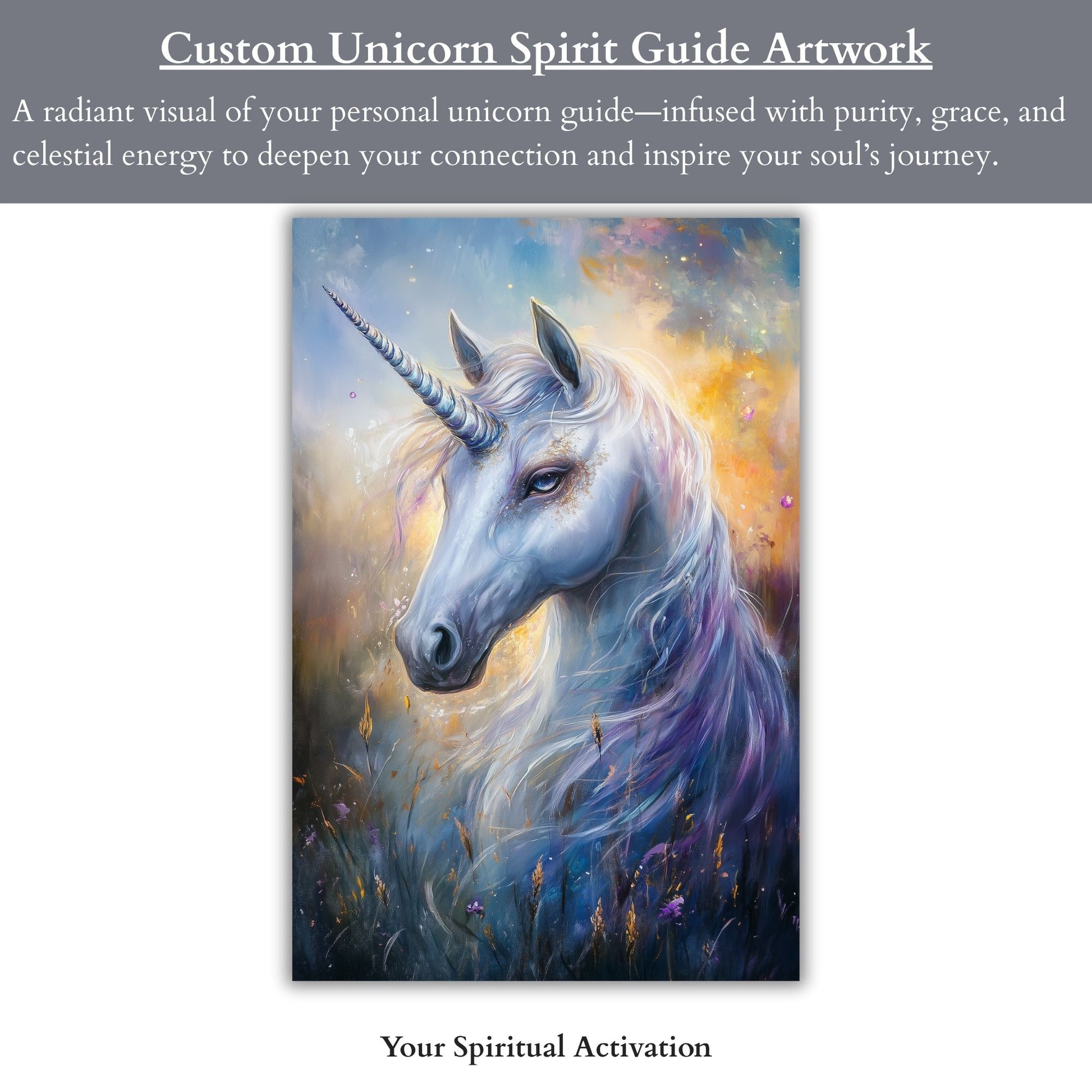 Custom digital artwork of your unicorn spirit guide—symbolizing purity, healing, and divine connection to visually anchor your spirit animal guidance.