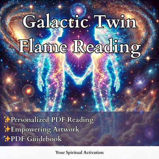 Galactic twin flame psychic reading with channeled message, symbolic energy artwork, and spiritual guidance for divine connection and cosmic alignment.