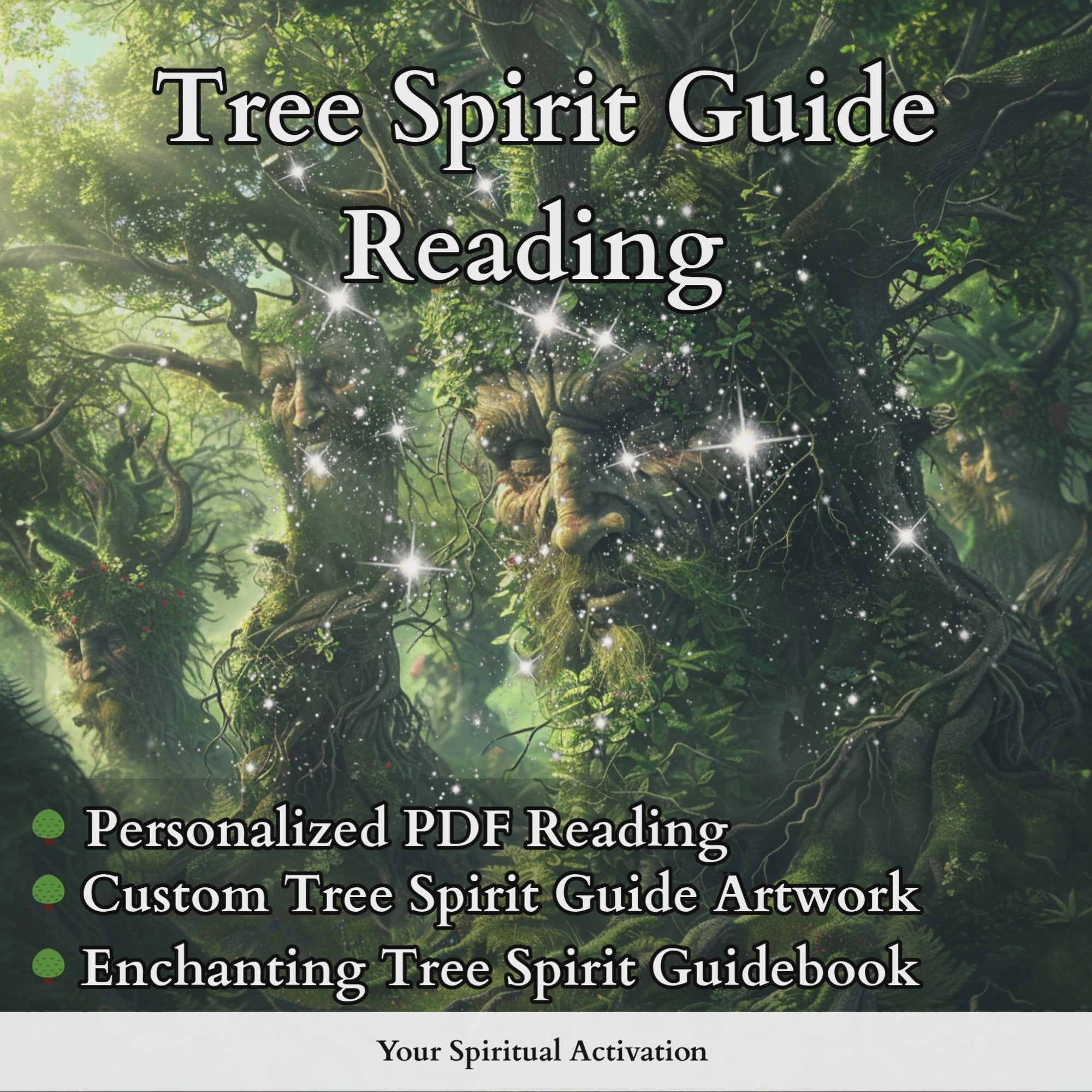 Overview of the Tree Spirit Guide Reading service featuring psychic insight, forest symbolism, and spiritual guidance through custom artwork and a detailed PDF guide.