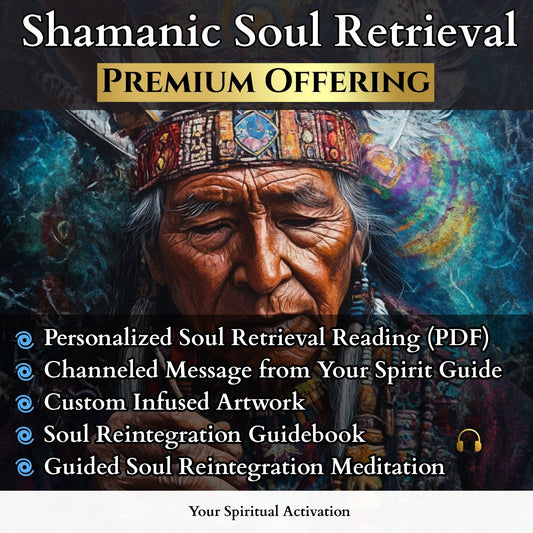 A personalized shamanic soul retrieval package with psychic reading, guided ritual meditation, spirit guide message, and symbolic artwork for healing.