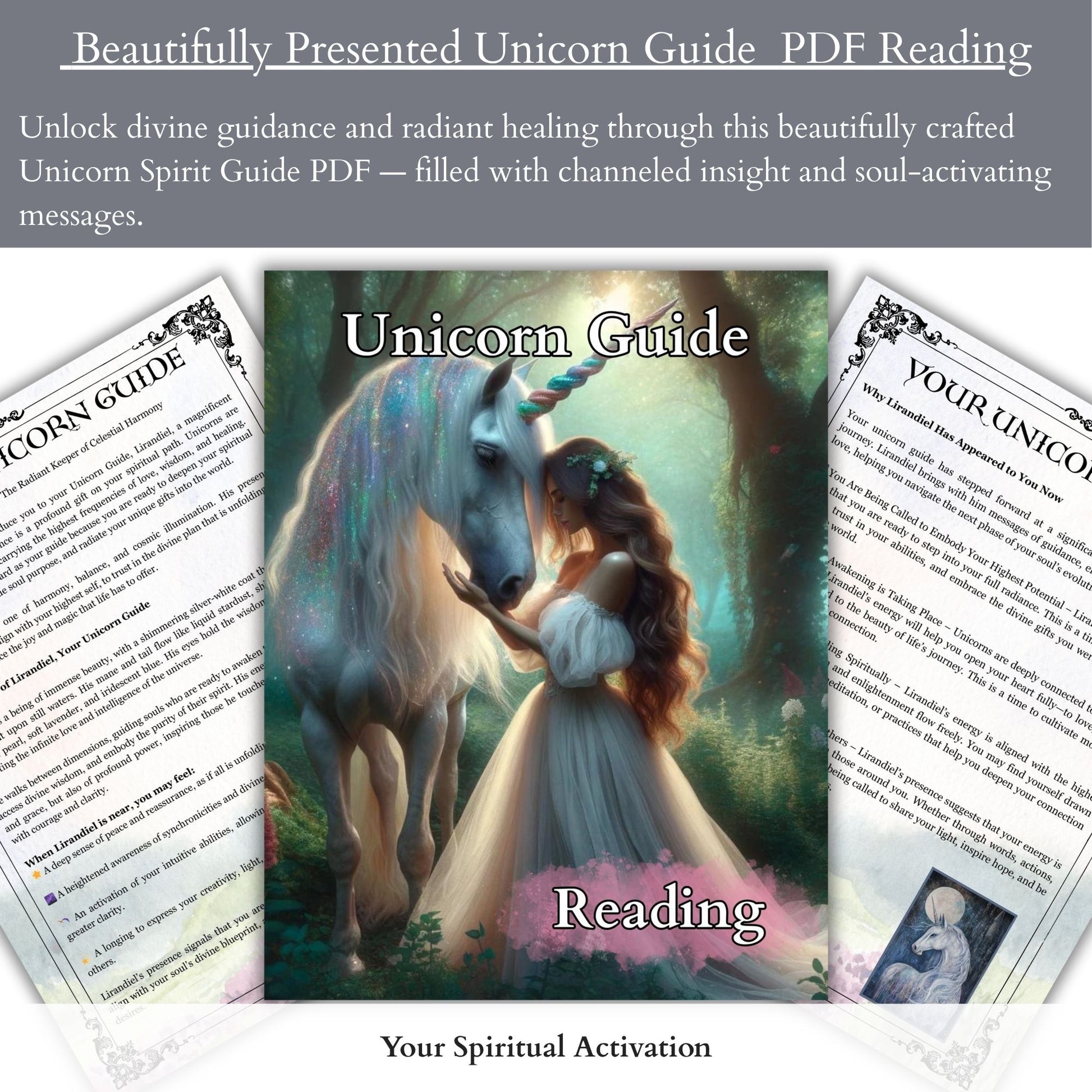 Personalized unicorn spirit guide reading in PDF format, featuring a channeled psychic message with intuitive insight from your celestial spirit animal guide.