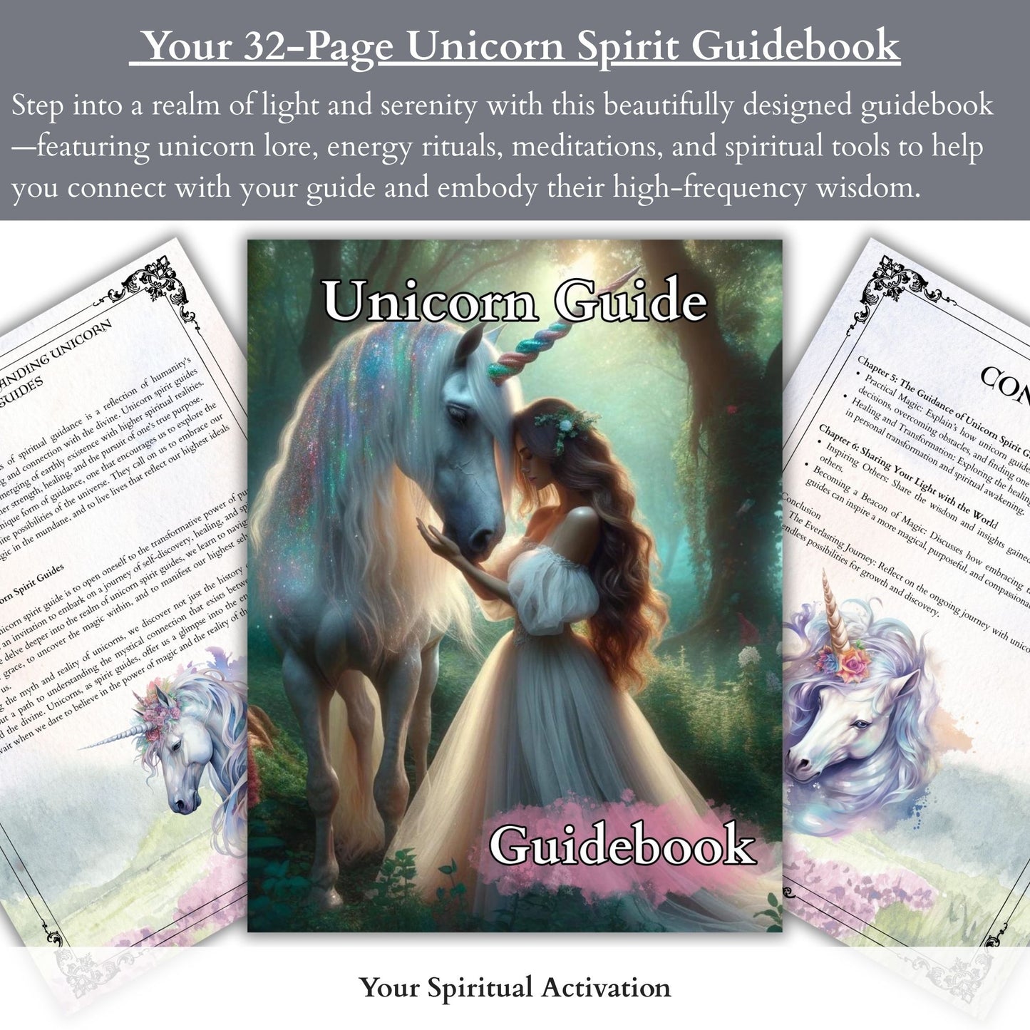 32-page unicorn spirit guide PDF book including meditations, rituals, and spiritual practices to strengthen your connection with your unicorn spirit animal.